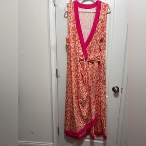 Lands' End Dress Womens 2X‎ Pink Orange Floral Maxi Faux Wrap Hawaiian Vacation